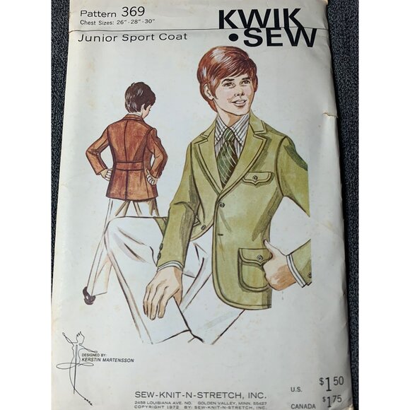 Kwik Sew Boys Junior Sport Coat Sewing Pattern Chest sz 26-30 369 - uncut - Picture 9 of 10
